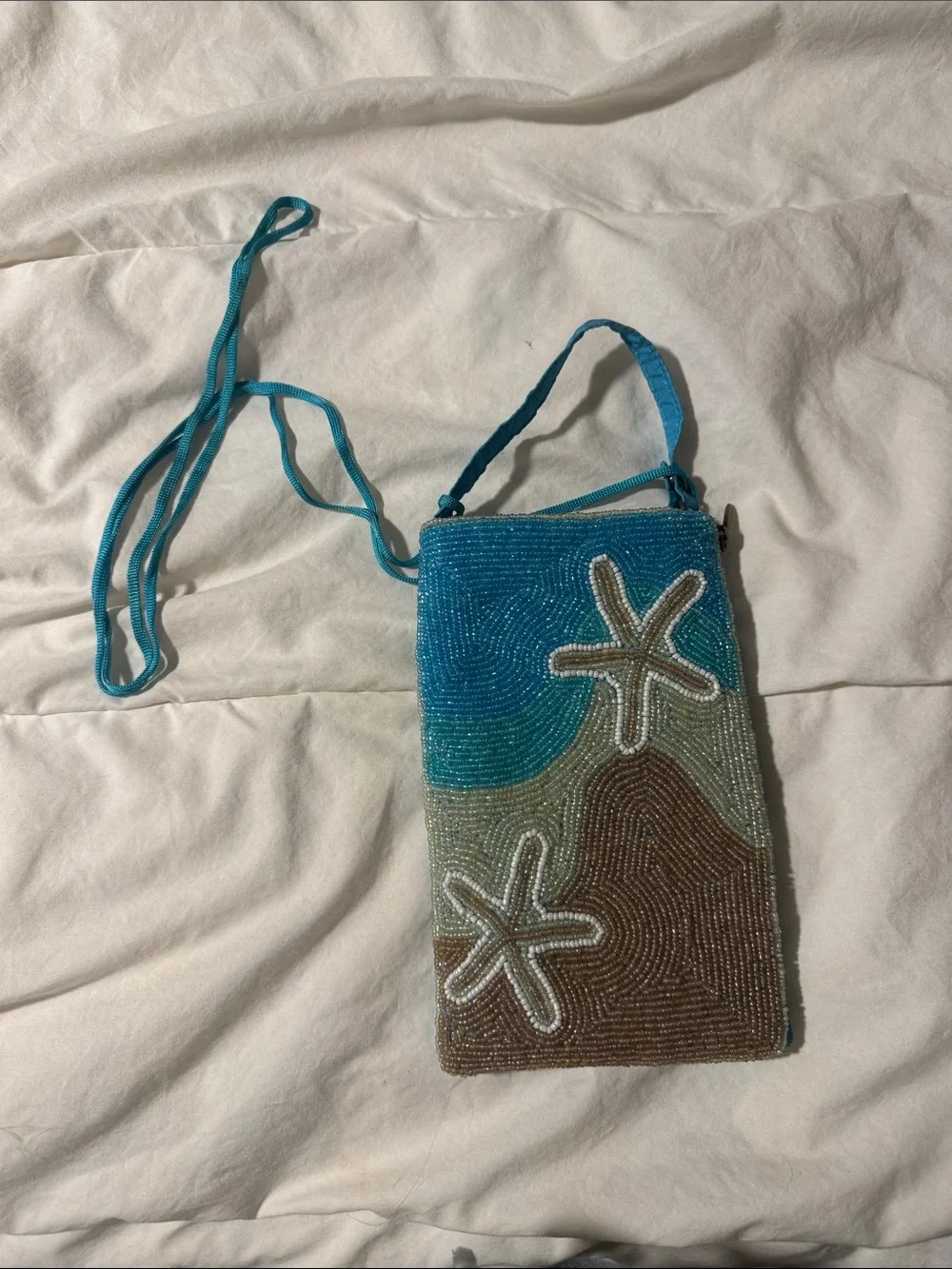 Beaded Starfish Crossbody Bag - Blue & Brown